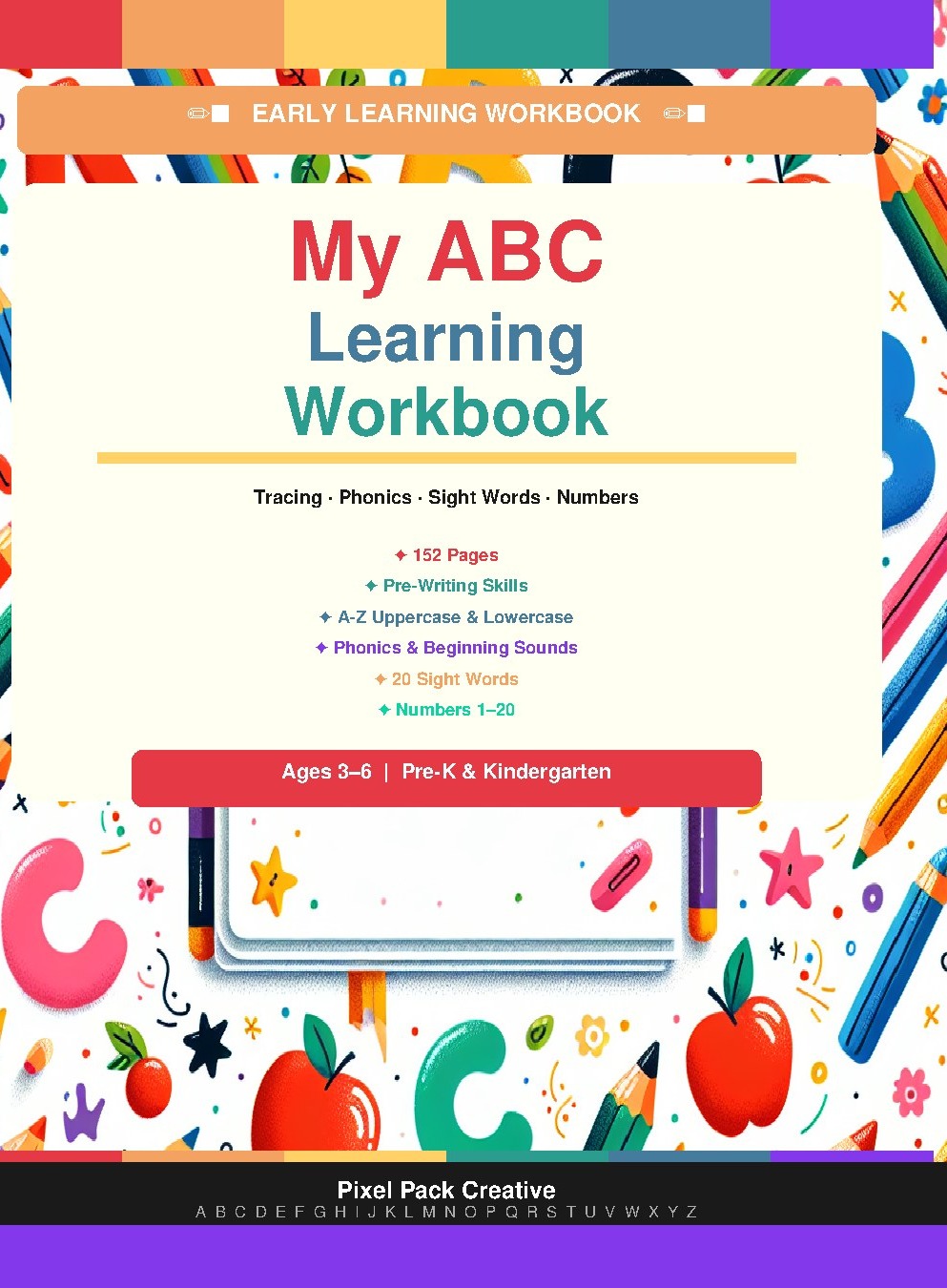 My ABC Learning Workbook cover — rainbow spine visible