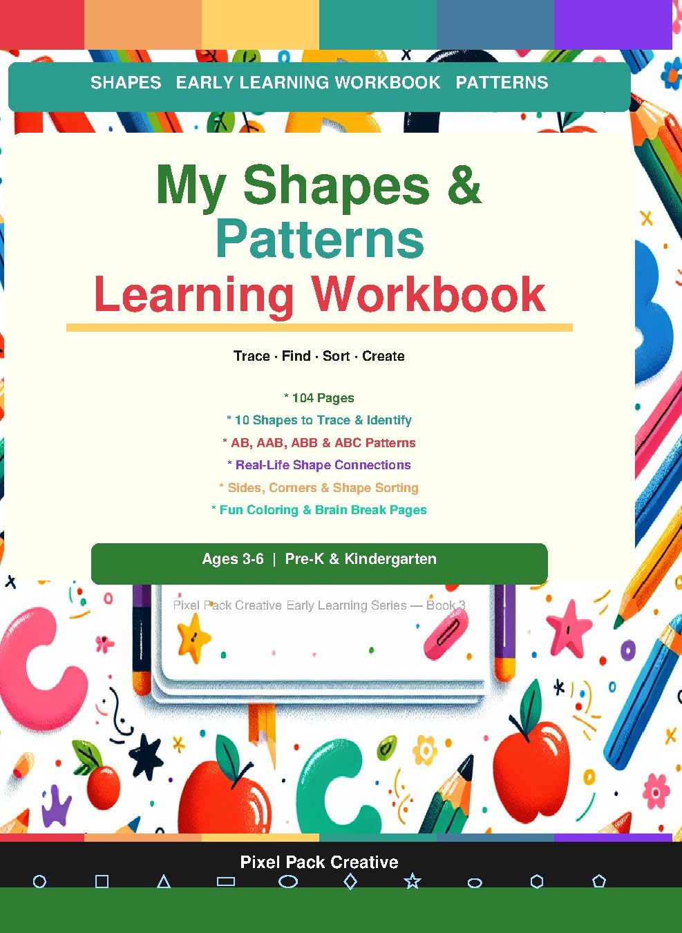 My Shapes & Patterns Learning Workbook cover — rainbow spine visible